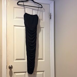 Windsor Ruched Midi Slip Dress with Bungee Spaghetti Straps In Black M